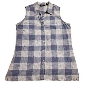 Vtg Blassport Plaid Floral Embroidered Collar Button up Blue Sleeveless Top SZ:L